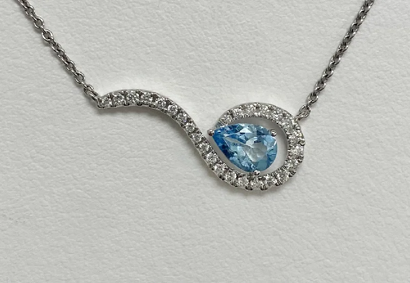 Women’s pearl and diamond necklaces-14kt White Gold Aquamarine and Diamond Necklace