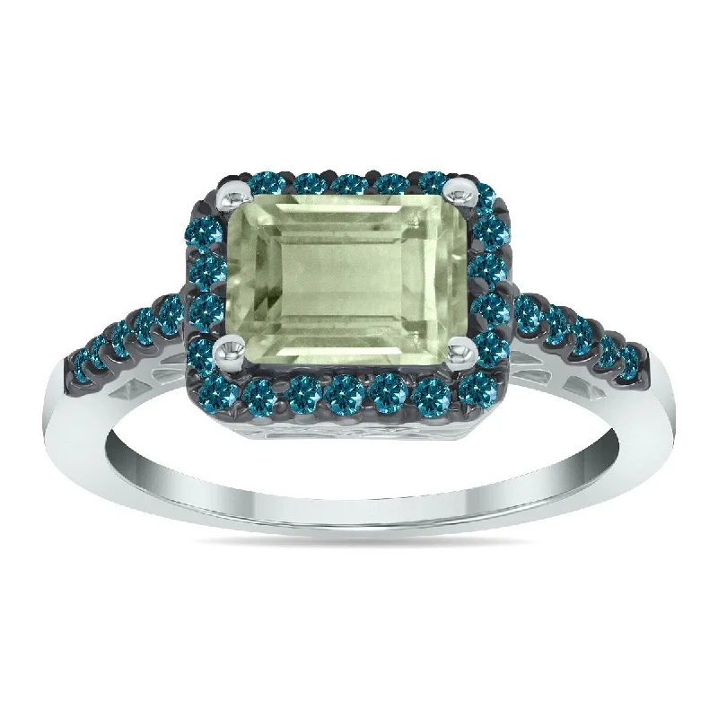 Women’s stackable rings with diamonds-Marquee Jewels 2 1/2 Carat Emerald Cut Green Amethyst and 1/3 CTW Blue Diamond Ring in 10K White Gold