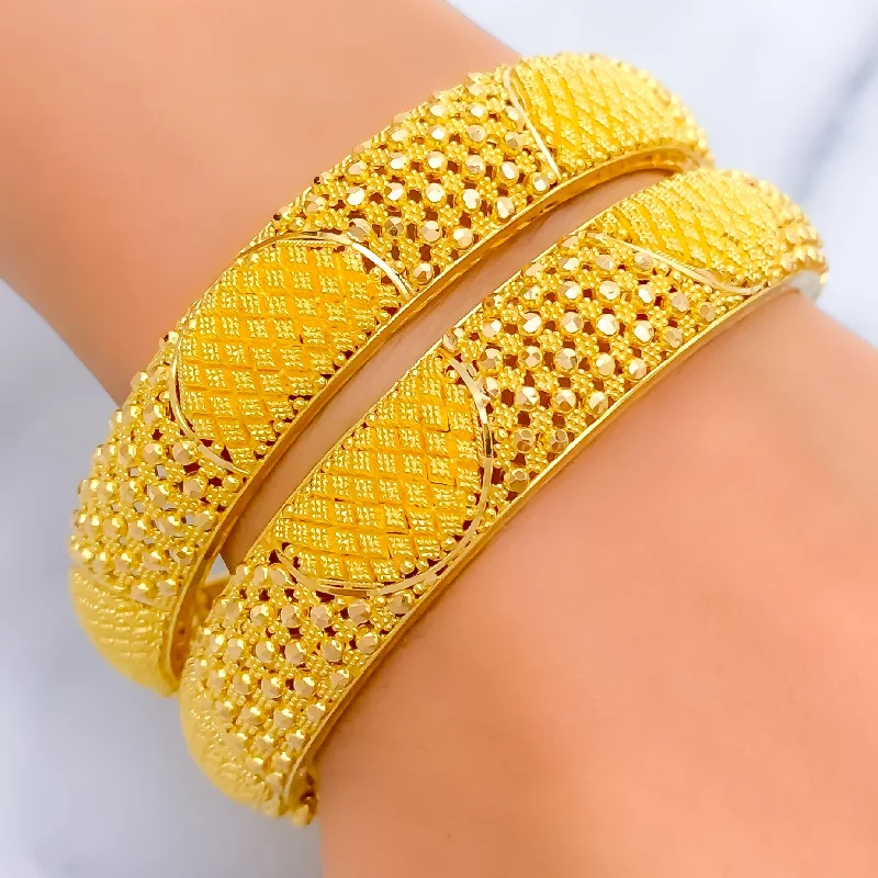 Women’s multi-layer bracelets-Luminous Signature 22k Gold Checkered Bangle Pair