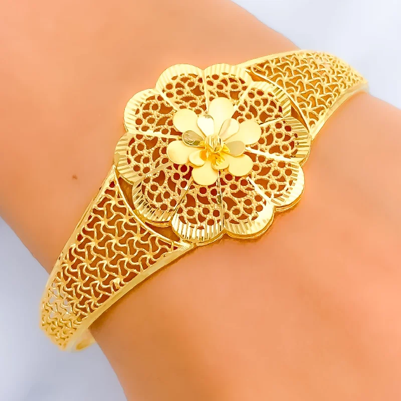 Women’s engraved bangles-Delicate Filigree Flower 22k Gold Bangle Bracelet