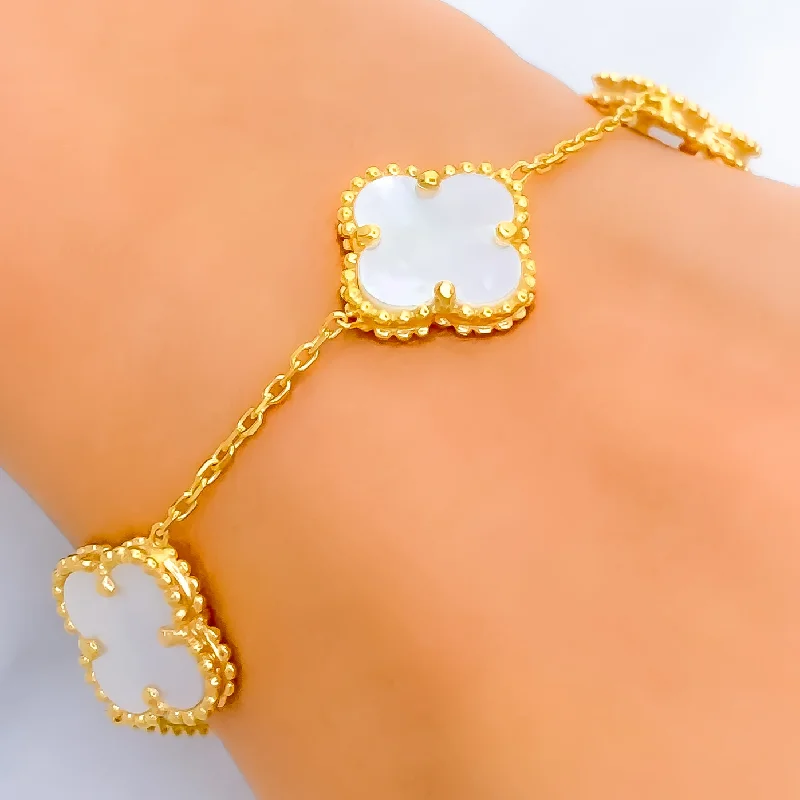 Women’s diamond bracelets-Decorative Mother Of Pearl 21k Gold Clover Bracelet