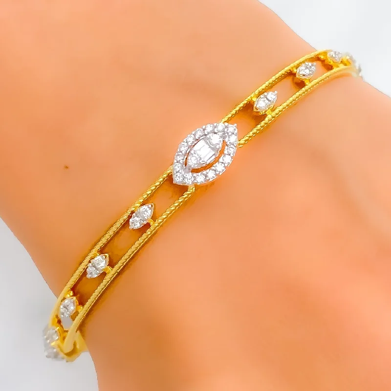 Women’s gemstone charm bracelets-Classy Marquise Lined Diamond + 18k Gold Bangle