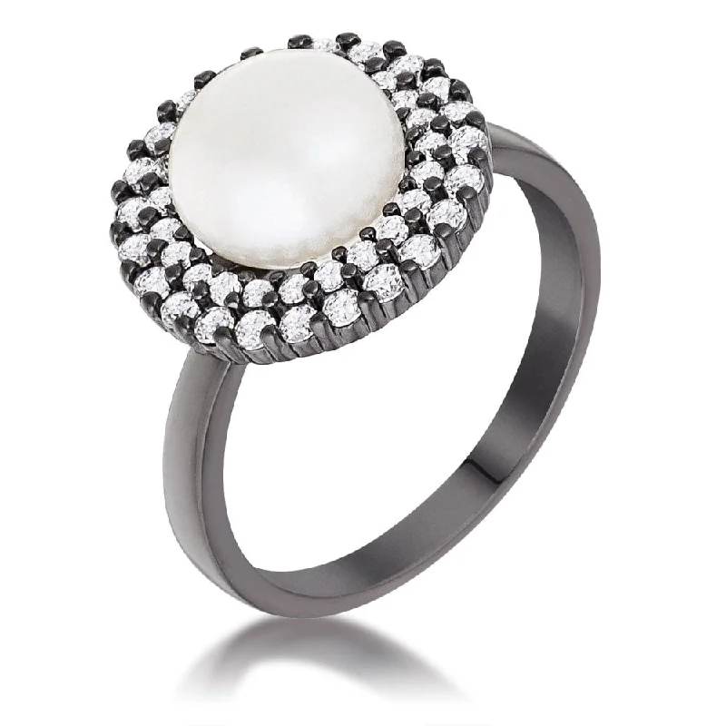 Women’s two-tone wedding bands-0.69 Ct Double Halo Ethereal Pearl Cocktail Ring with Cubic Zirconia