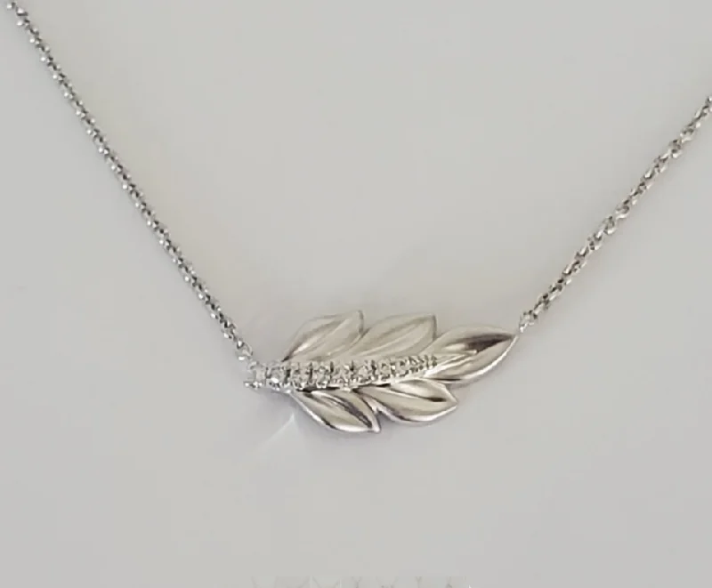 Women’s personalized birthstone necklaces-14kt White Leaf Diamond Necklace