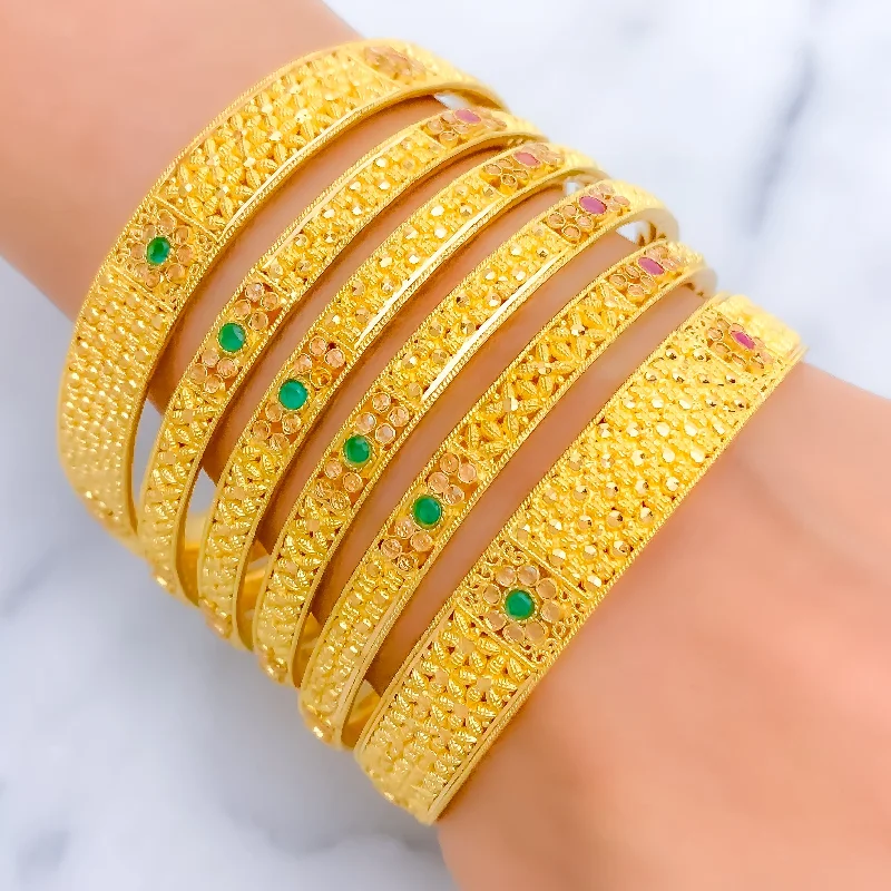 Women’s gemstone bangles-Vibrant Festive Floral 22k Gold Bangle Set