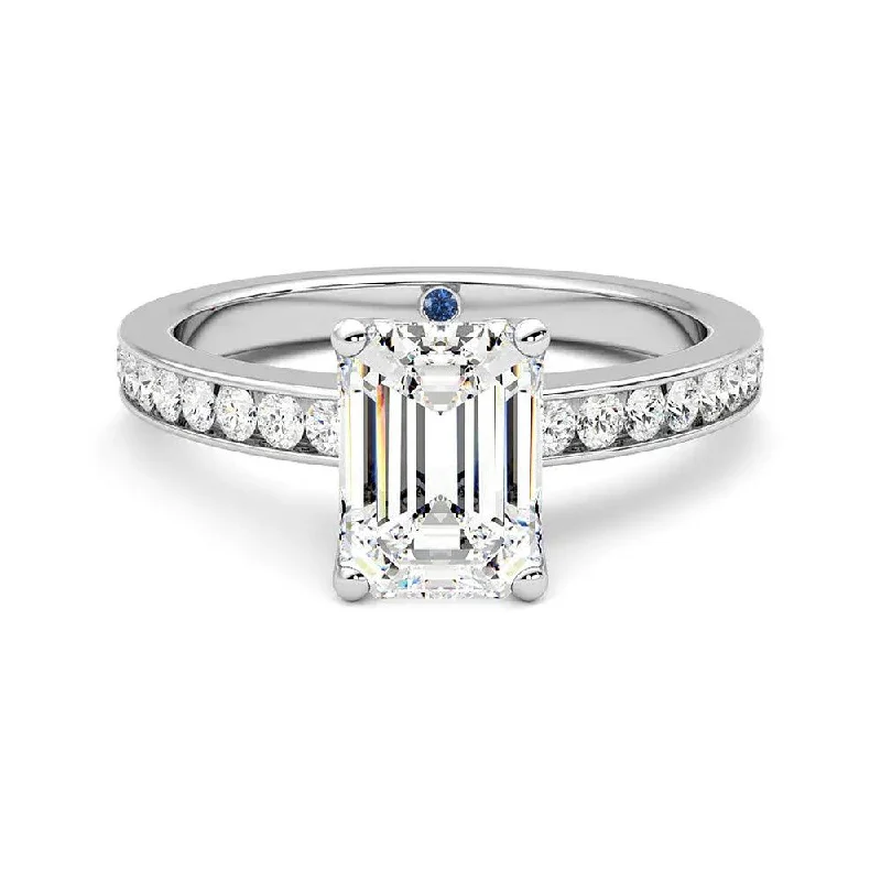 Women’s round cut engagement rings-Emerald Cut Moissanite Engagement Ring with Hidden Anniversary Stone and Channel-Set Side Stones