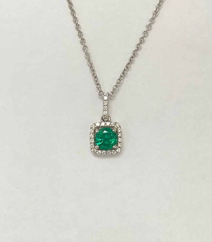 Women’s sleek silver necklaces-14kt White Gold Round Emerald Halo Pendant