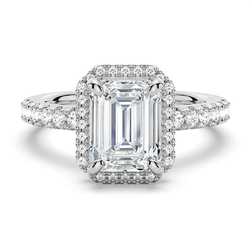 Women’s rose gold three-stone engagement rings-Halo Pavé Emerald Cut Engagement Ring