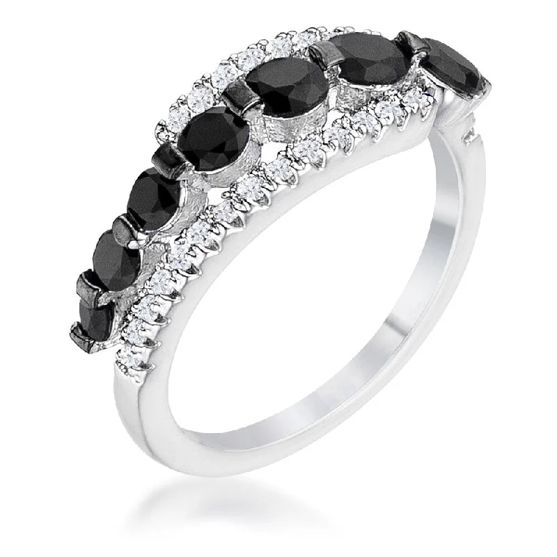 Women’s emerald cut rings-Rhodium & Hematite Plated Graduated Cubic Zirconia Half Eternity Ring