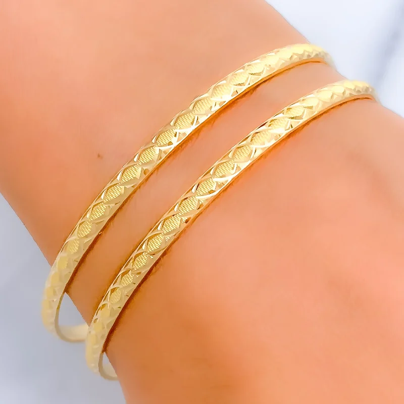 Women’s charm bracelets-Reflective Wavy Textured 22k Gold Bangle Pair