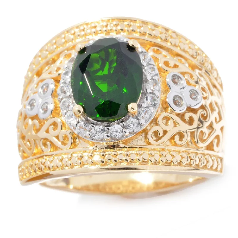 Women’s silver statement rings-Yellow Vermeil Over Sterling Silver Chrome Diopside/ White Zircon Wide Band Ring