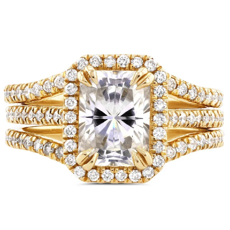 Women’s antique rings-Annello by Kobelli 14k Yellow Gold 2 2/5ct TGW Radiant Cut Moissanite and Diamond Halo 3-Piece Bridal Rings Set