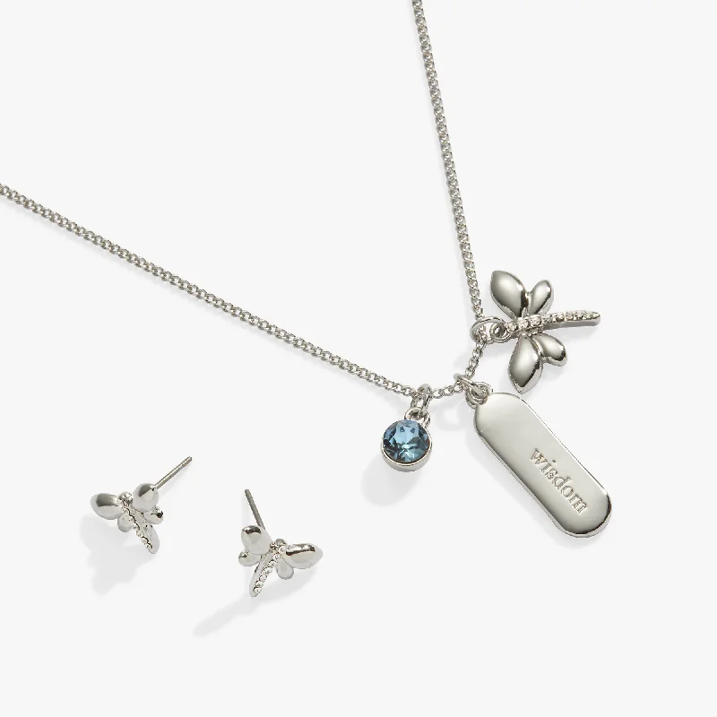 Women’s personalized charm necklaces-Wisdom Crystal and Dragonfly Charm Necklace and Earring Set