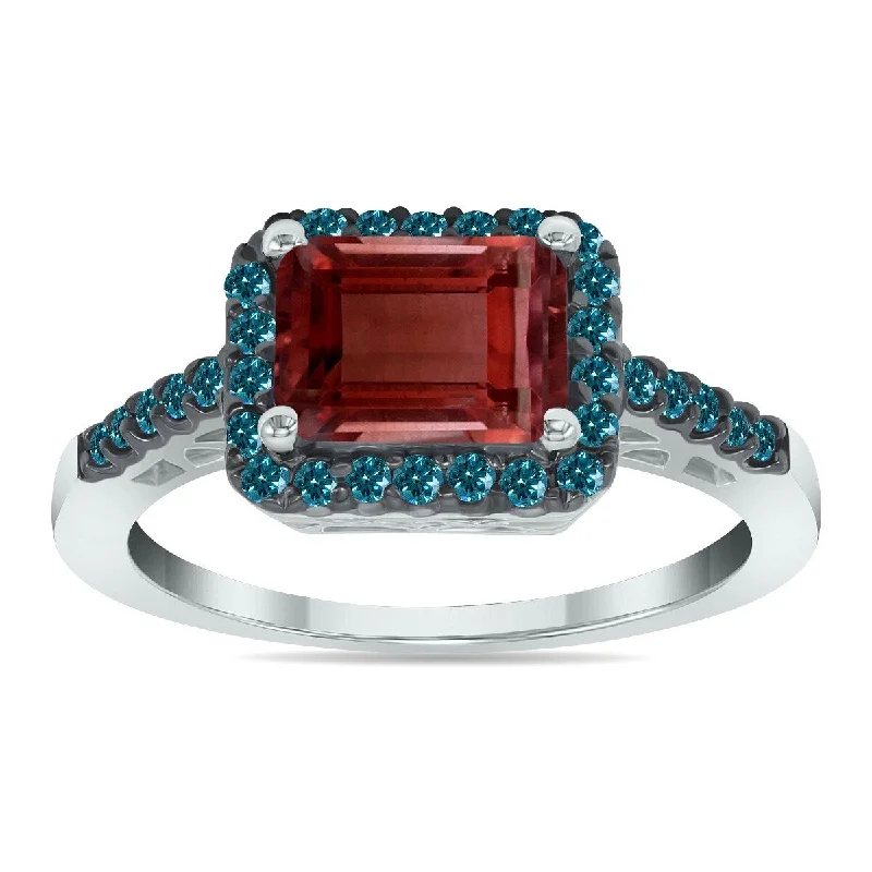 Women’s oval engagement rings-Marquee Jewels 2 1/2 Carat Emerald Cut Garnet and 1/3 CTW Blue Diamond Ring in 10K White Gold