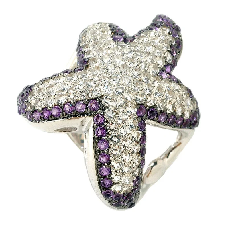 Women’s matching wedding and engagement rings-Sterling Silver Amethyst and White Topaz Starfish Ring