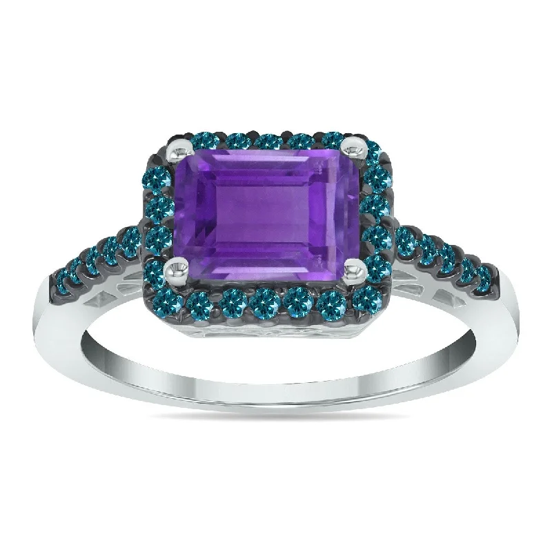 Women’s bridal rings-Marquee Jewels 2 1/2 Carat Emerald Cut Amethyst and 1/3 CTW Blue Diamond Ring in 10K White Gold