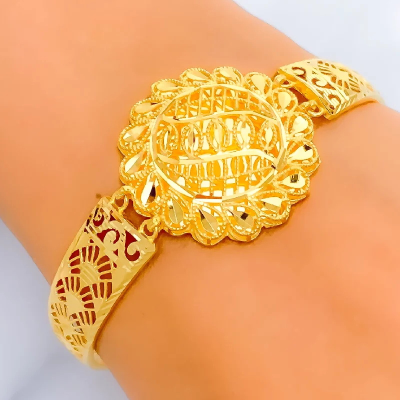 Women’s personalized charm bangles-Feather Accented 22k Gold Flexi Bangle Bracelet