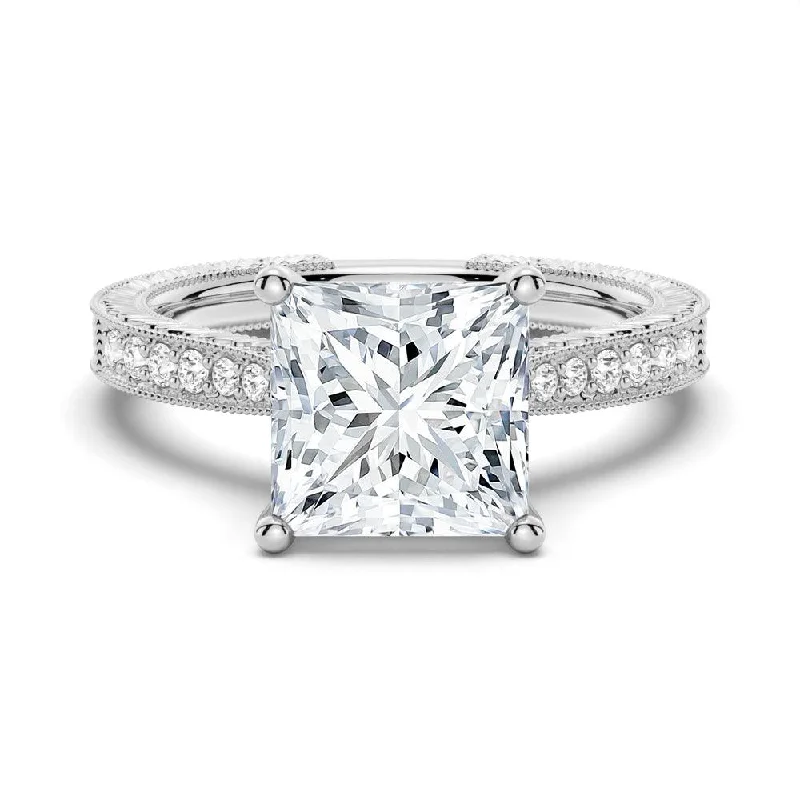 Women’s diamond ring engagement set-Vintage Princess Cut Moissanite Engagement Ring With Milgrain Edges