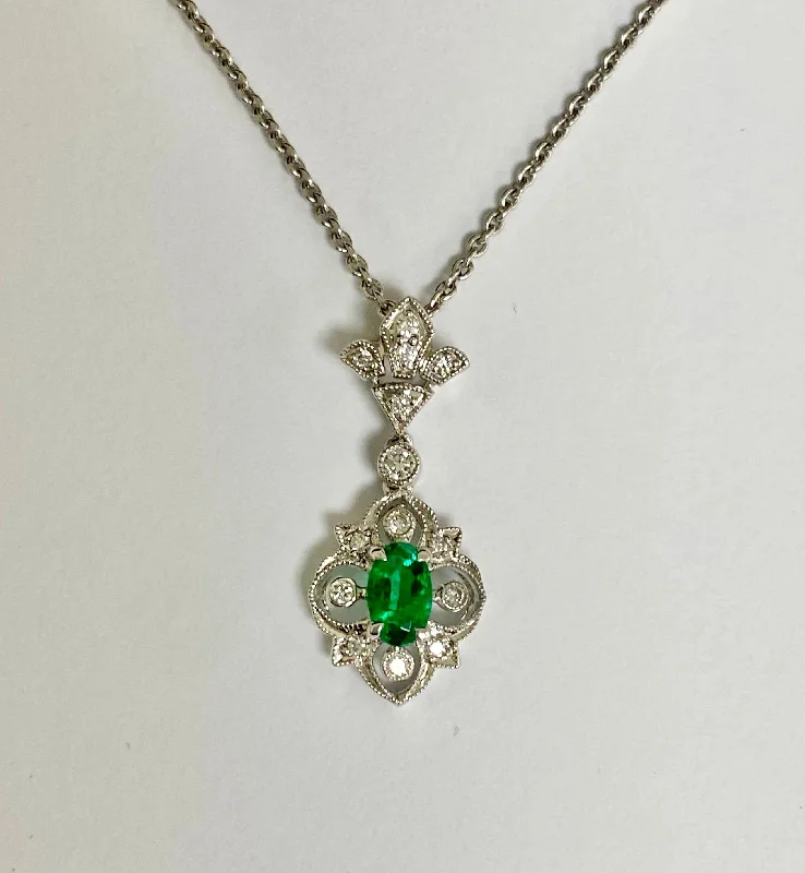 Women’s modern gold necklaces-14kt White Gold Emerald and Diamond Pendant