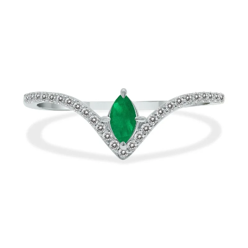 Women’s diamond cocktail rings-Marquee Jewels 1/4 Carat TW Emerald and Diamond V Shape Ring in 10K White Gold