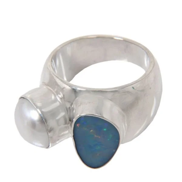 Women’s floral rings-Sterling Silver 'Never Apart' Opal and the Luminous Purity of Pearl Ring Made In Indonesia