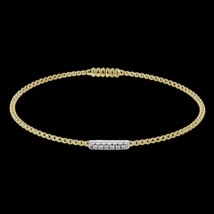 Women’s cuff bangles-18K two tone YG beaded stackable bangle accented with 0.08 ctw of white diamonds, and a magnetic closure