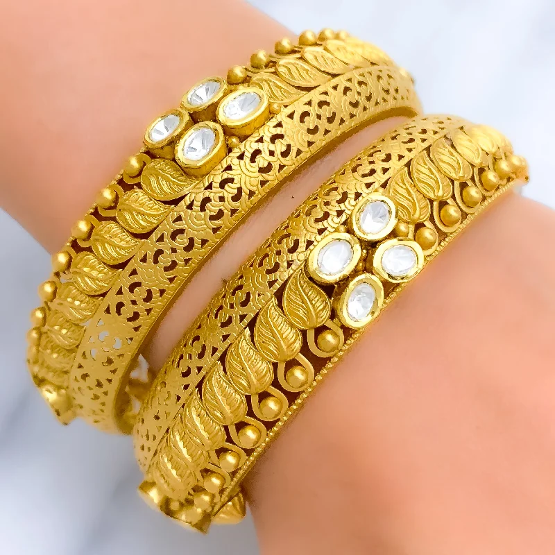 Women’s delicate silver bracelets-Impressive Set of 2 Kundan Leaf 22k Gold Bangles