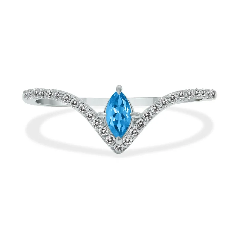 Women’s platinum engagement rings-Marquee Jewels 1/4 Carat TW Blue Topaz and Diamond V Shape Ring in 10K White Gold