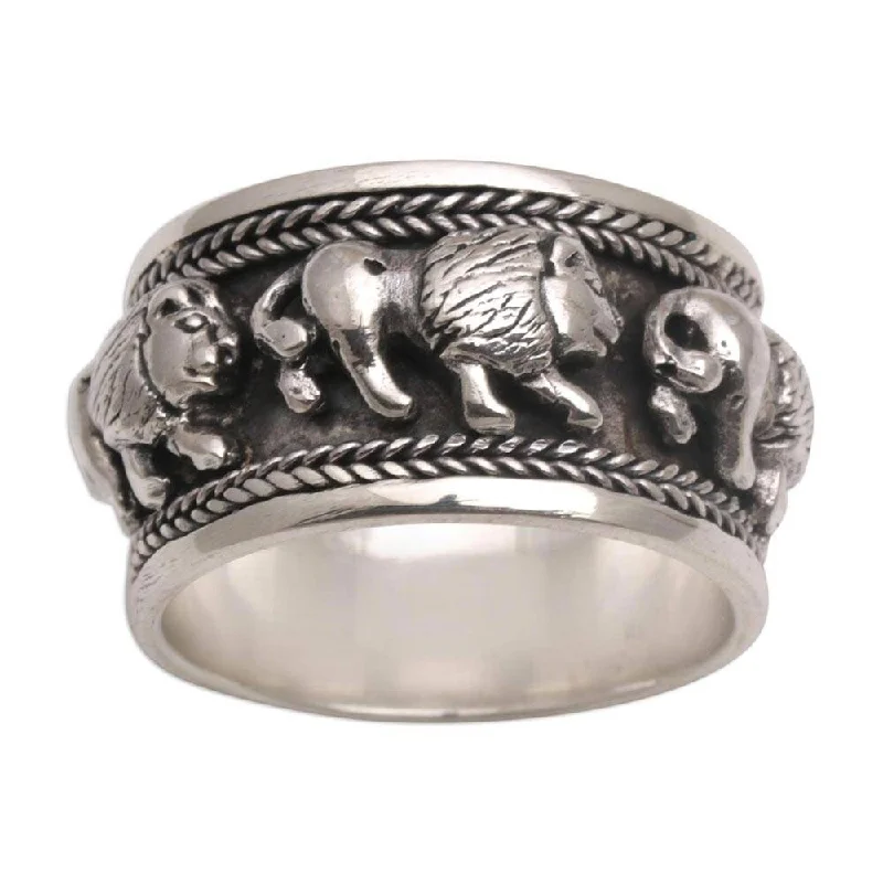 Women’s princess cut rings-NOVICA Lion Parade, Sterling silver band ring