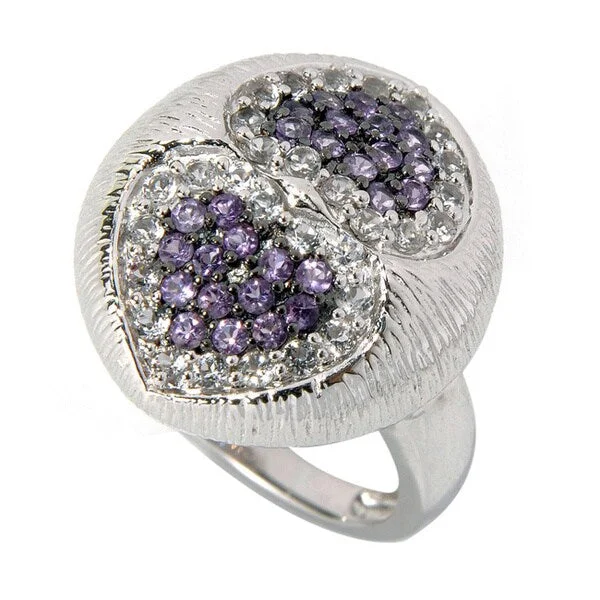 Women’s birthstone wedding rings-Sterling Silver White Topaz and Amethyst Heart Texture Ring