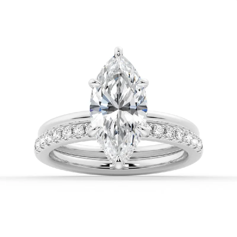 Women’s luxury engagement rings with diamonds-Petite Marquise Solitaire Moissanite Engagement Ring Set With Hidden Halo