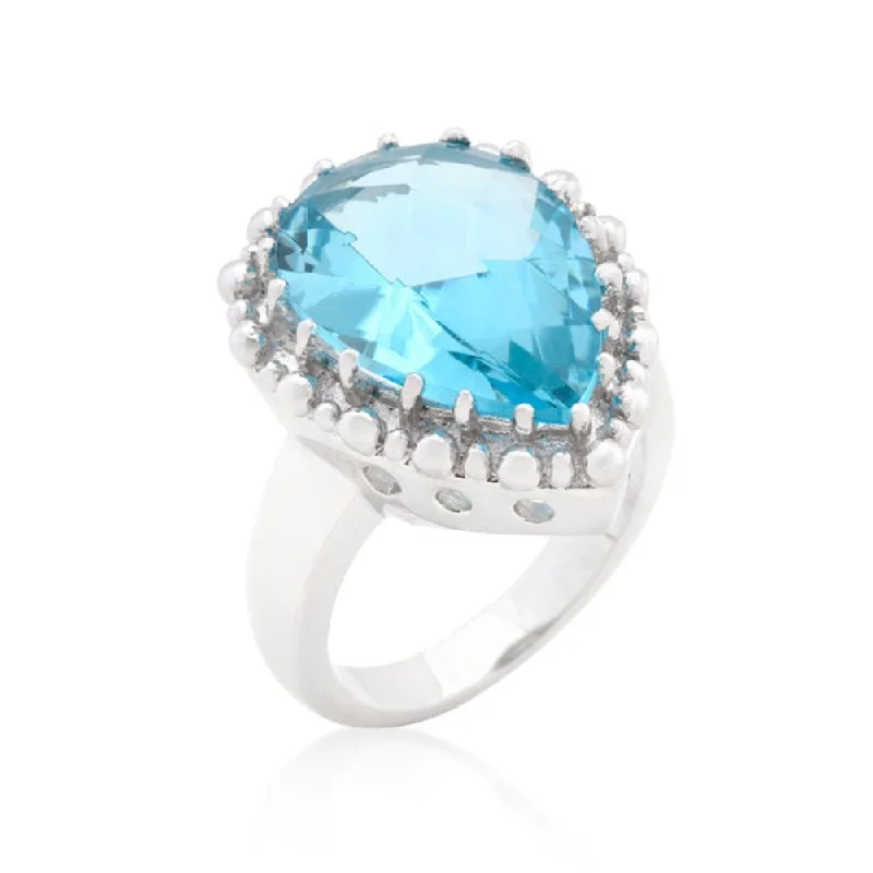 Women’s halo rings-Solitaire Blue Topaz Cocktail Ring With Rhodium Shiny Plated