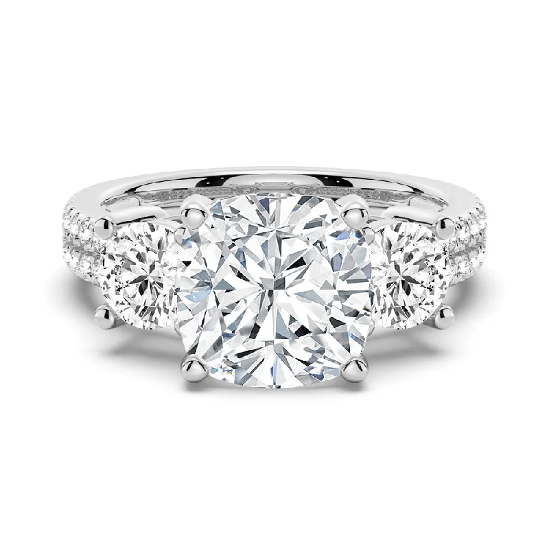 Women’s platinum solitaire engagement rings-NEW Double Row Pave Three Stone Cushion Cut Moissanite Engagement Ring