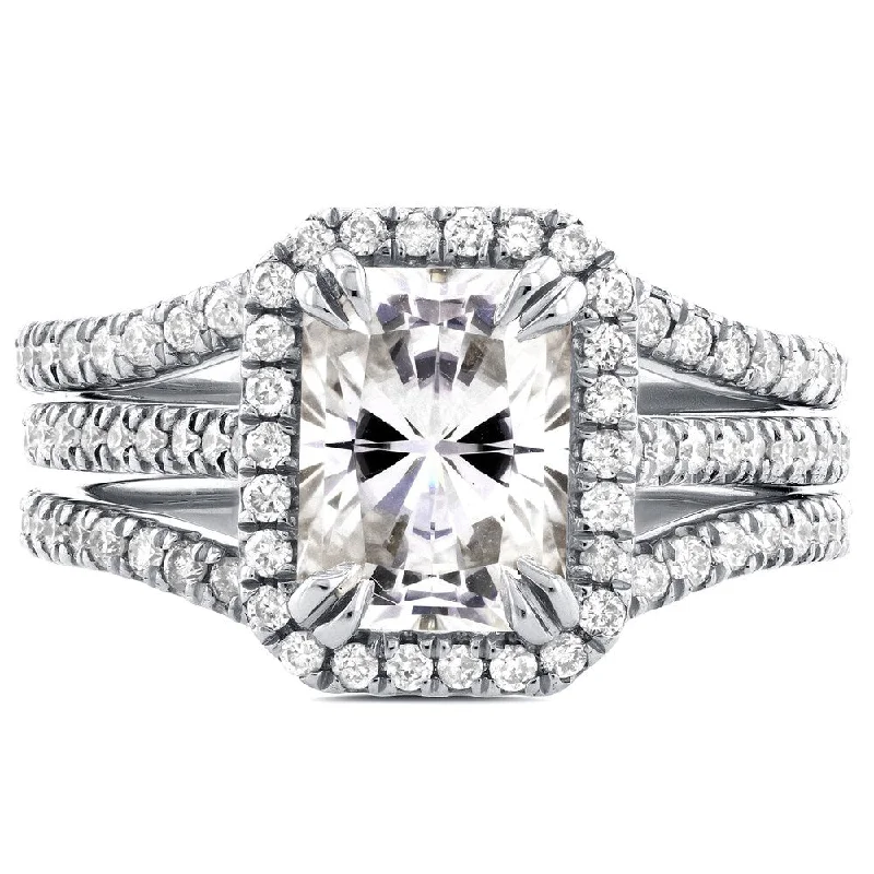 Women’s custom diamond wedding rings-Annello by Kobelli 14k White Gold Radiant Cut Moissanite and 3/5ct TDW Halo Diamond 3-Piece Bridal Rings Set