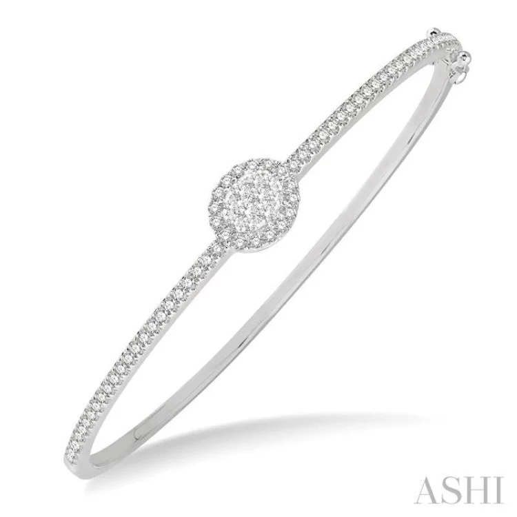 Women’s layered bracelets-1 ctw Oval Shape Round Cut Diamond Lovebright Stackable Bangle in 14K White Gold