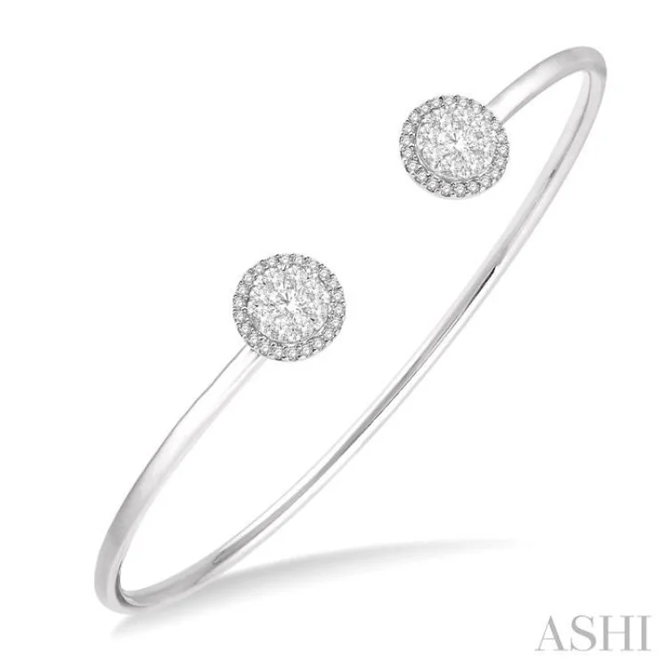 Women’s custom gemstone bracelets-5/8 Ctw Lovebright Round Open Cuff Diamond Bangle in 14K White Gold