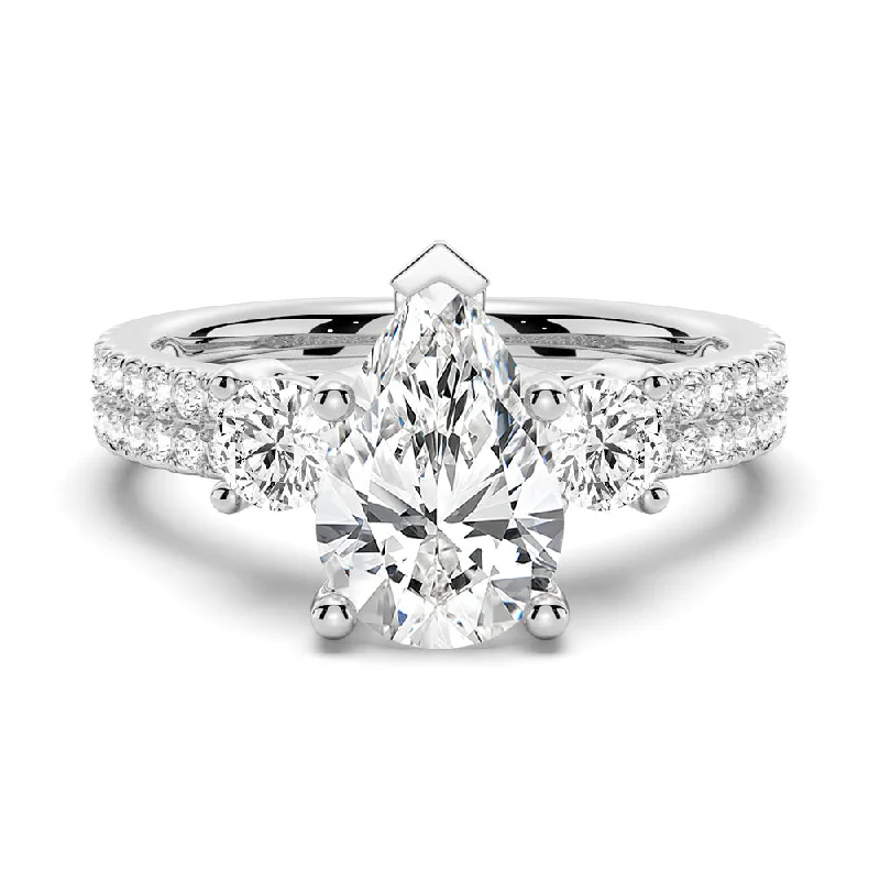 Women’s twist engagement rings-Double Row Pave Three Stone Pear Shaped Engagement Ring