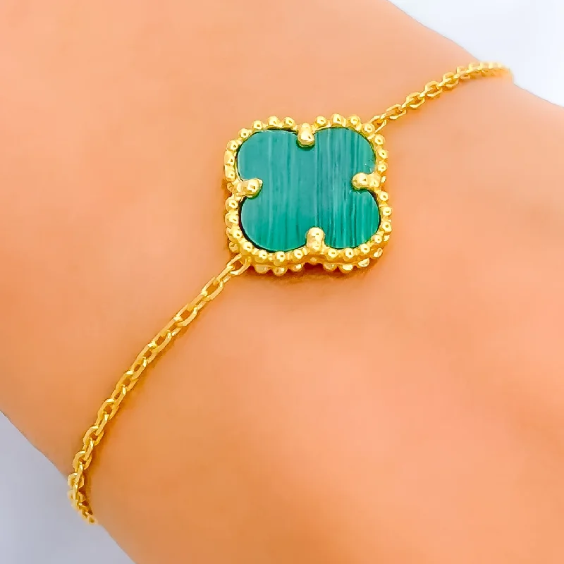 Women’s cuff bangles-Single Malachite 21k Gold Clover Bracelet