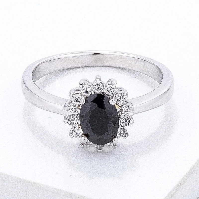 Women’s oval engagement rings-Black and Clear Cubic Zirconia Petite Oval Cut Ring