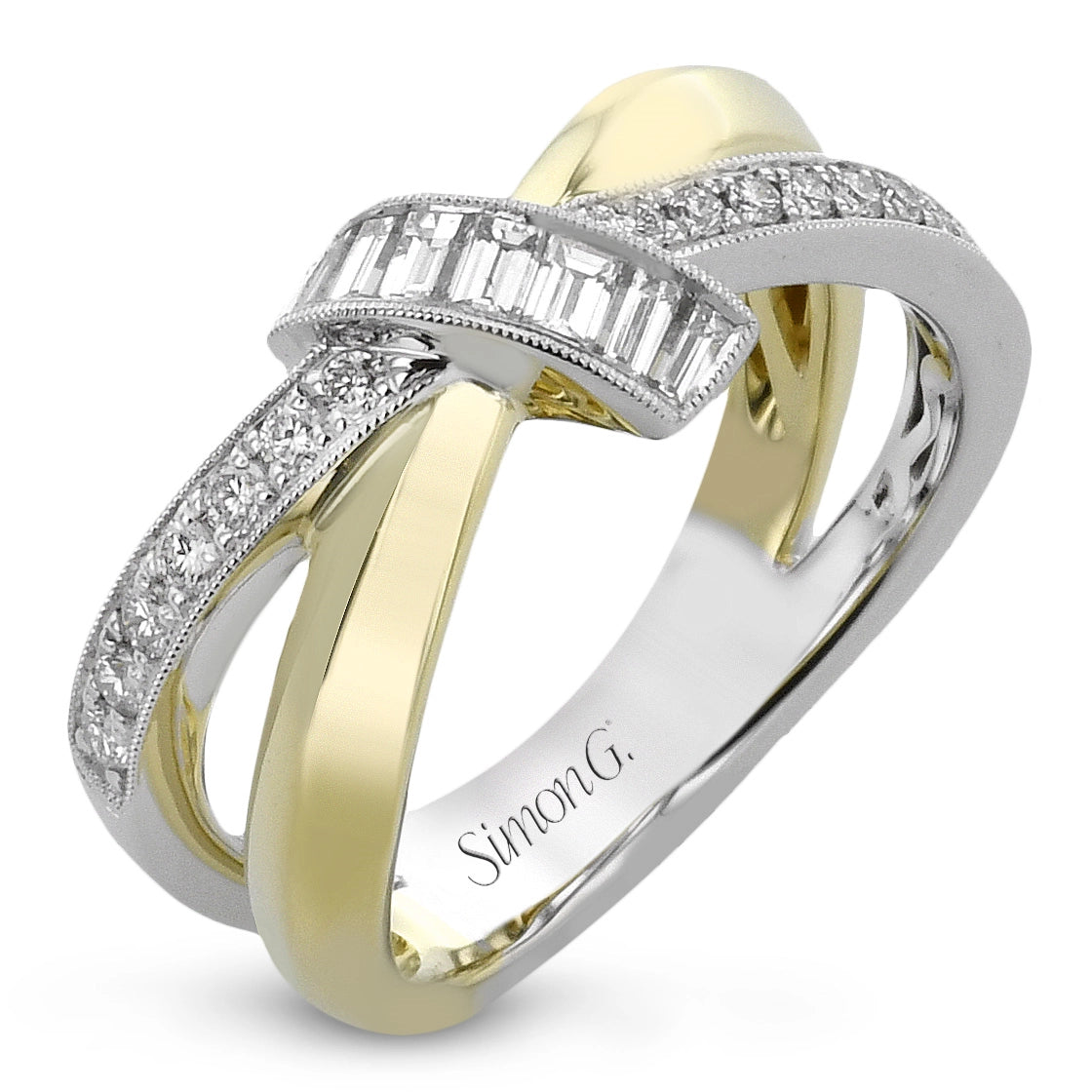 Women’s handcrafted engagement rings-Simon G 18K Yellow and White Gold Crossover Diamond Ring