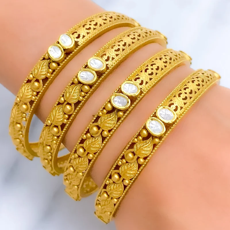 Women’s diamond bangles-Magnificent Kundan Leaf Set of 4 22k Gold Bangles