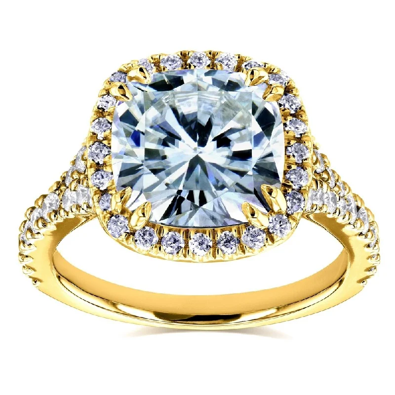 Women’s multi-stone rings-Annello by Kobelli 14k Yellow Gold 3 1/3ct TGW Cushion Moissanite and Diamond Halo Cathedral Ring