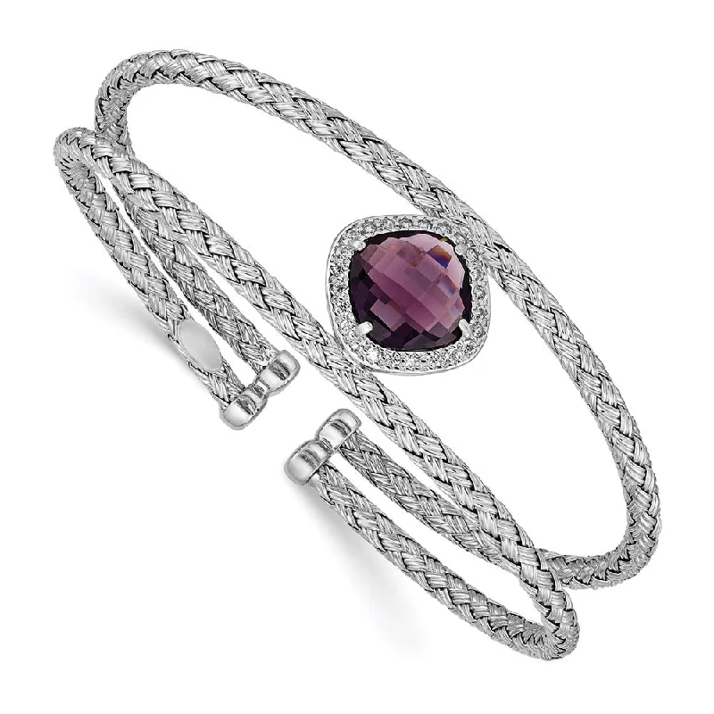 Women’s designer bracelets-Sterling Silver Rhodium-plated Purple and Clear CZ Cuff Bangle-WBC-QB997