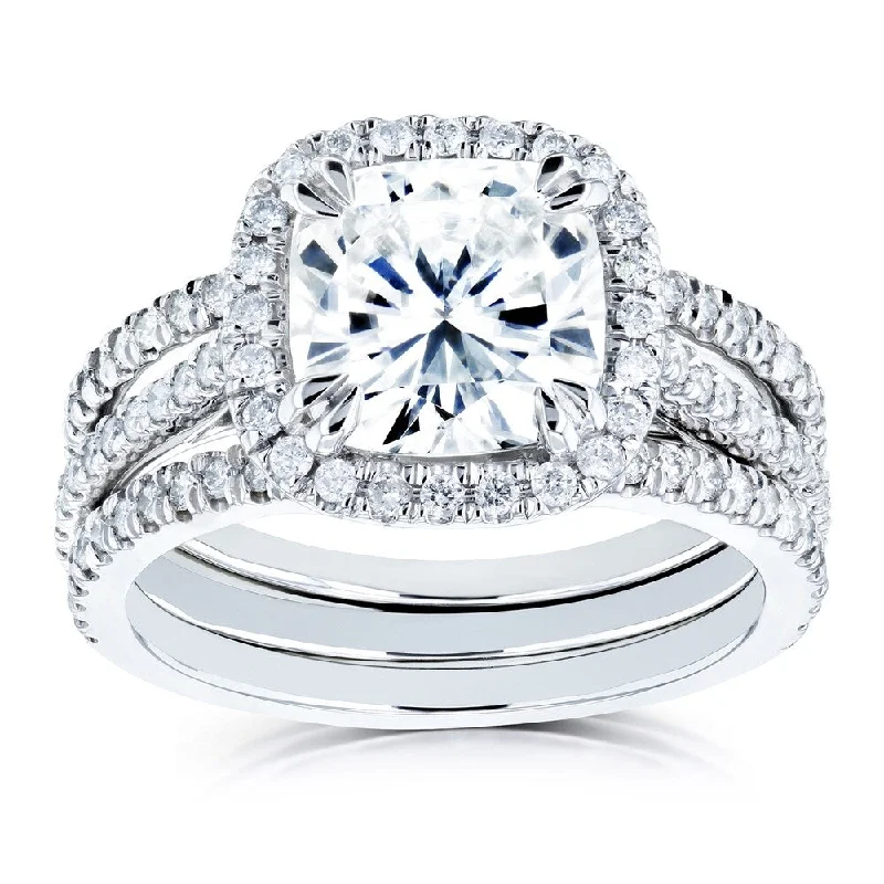 Women’s solitaire rings-Annello by Kobelli 14k White Gold 2 2/5ct TGW Cushion Forever One Moissanite and Diamond Halo Bridal Rings Set (DEF/VS, GH/I)