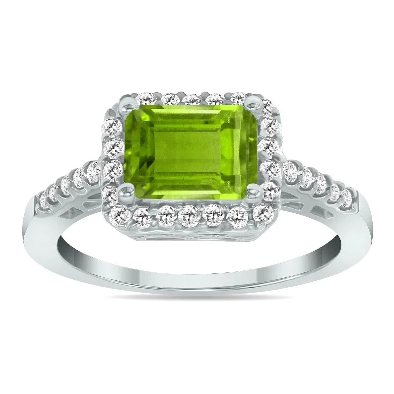 Women’s halo rings-Marquee Jewels 2 1/2 Carat TW Emerald Cut Peridot Diamond Ring in 10K White Gold