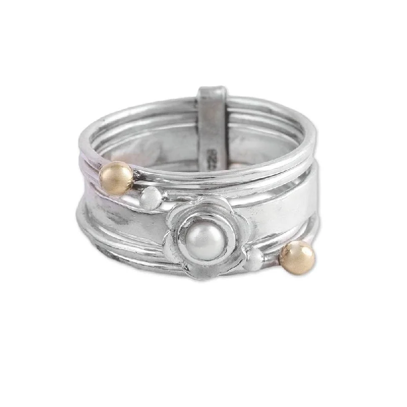 Women’s stackable gemstone rings-NOVICA Luminous Floral, Cultured pearl meditation spinner ring