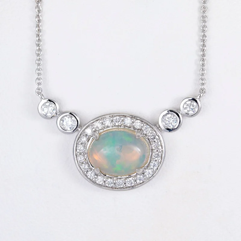 Women’s rose gold charm necklaces-14kt White Gold Opal and Diamond Necklace