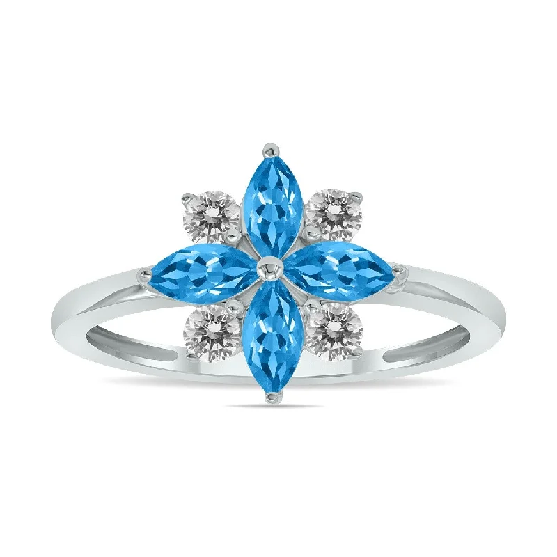 Women’s simple gold rings-Marquee Jewels 3/4 Carat TW Blue Topaz and Diamond Flower Ring in 10K White Gold