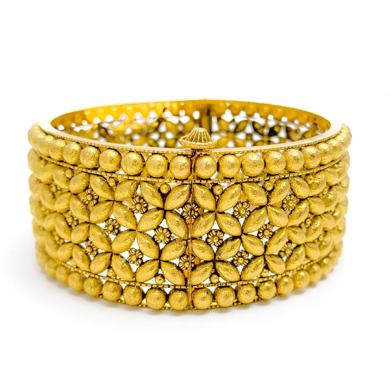 Women’s simple bangle sets-Wide Opulent Oxidized Floral 22k Gold Bangle