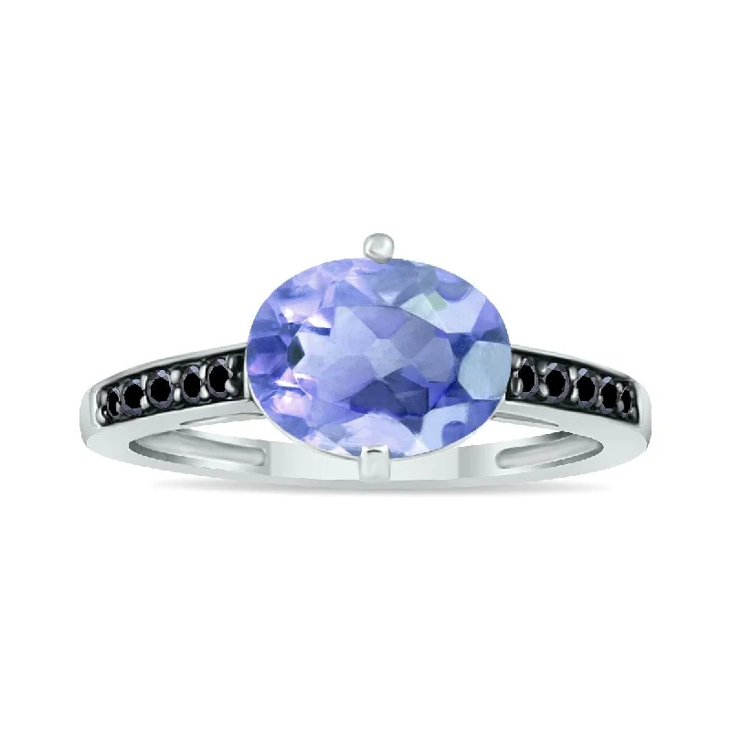 Women’s chunky rings-Marquee Jewels Tanzanite and Black Diamond Ring in 10K White Gold